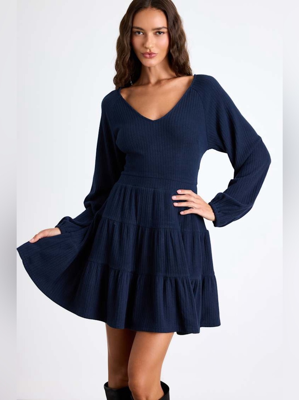 Lulus Adorable Option Dark Navy Long Sleeve Ribbed Mini Sweater Dress-XXL